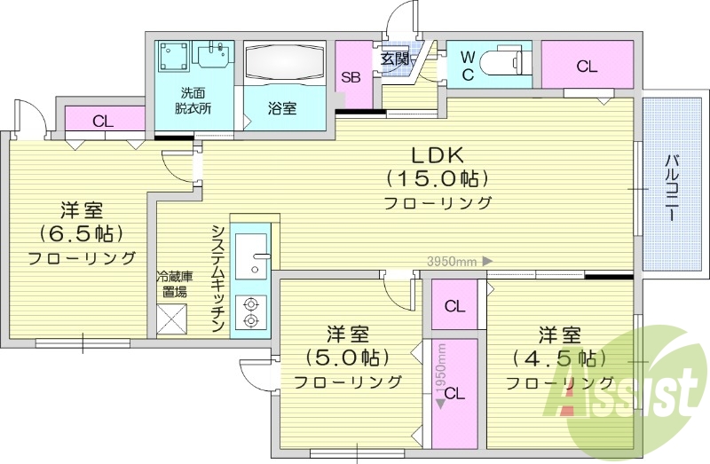 3LDK、都市ガス、追い焚き、エアコン、宅配ボックス