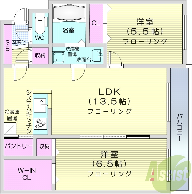 2LDK、都市ガス、エアコン、追い焚き、システムキッチン