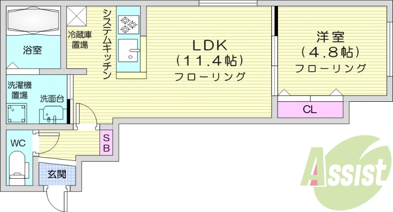 1LDK、都市ガス、システムキッチン、エアコン、ネット無料