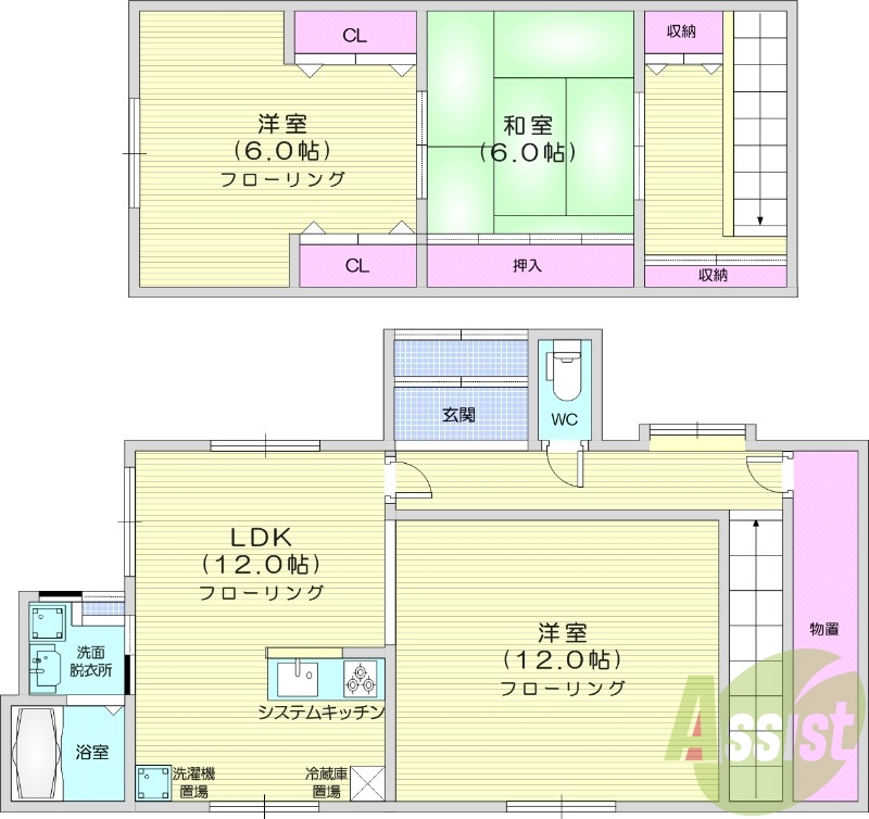 3LDK、システムキッチン、都市ガス、灯油暖房、収納スペース