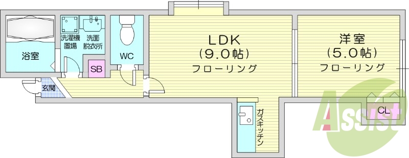 1LDK、角部屋、バストイレ別、TVインターホン