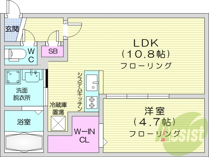1LDK、システムキッチン、エアコン、室内洗濯機置場