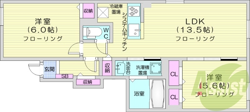 2LDK、システムキッチン、追い焚き、浴室乾燥機、エアコン
