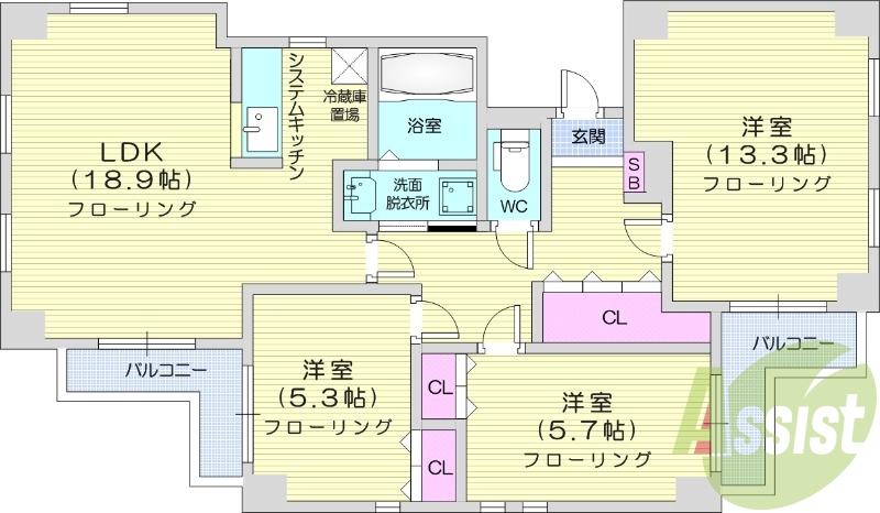 ３LDK、システムキッチン、灯油暖房・給湯、シャワートイレ