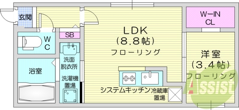 1LDK、都市ガス、エアコン、インターネット無料