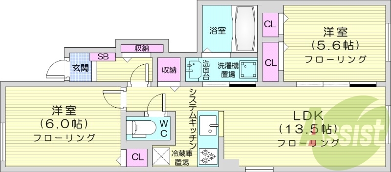 2LDK、システムキッチン、追い焚き、浴室乾燥機、エアコン