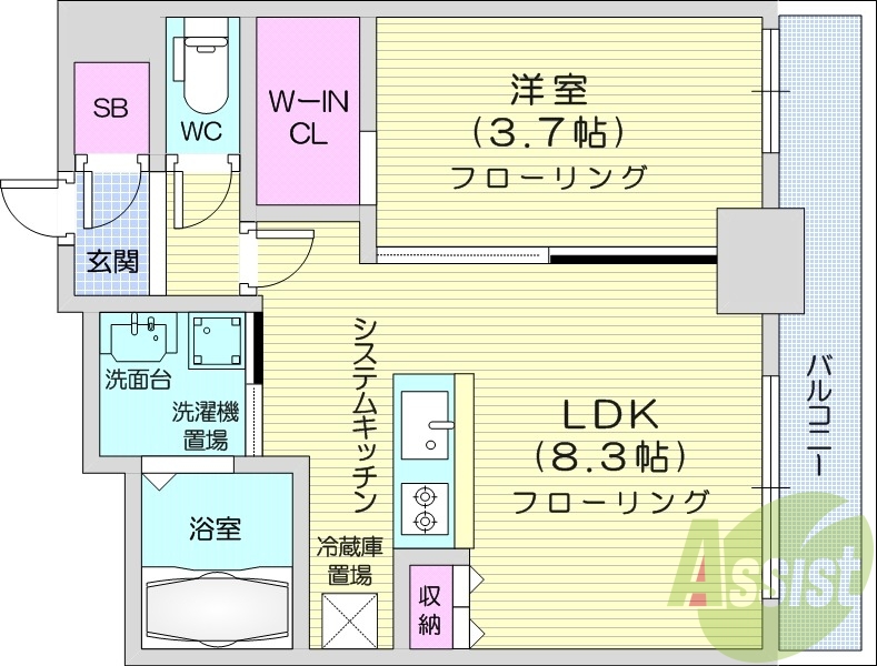 1LDK、都市ガス、エアコン、ウォークインクローゼット