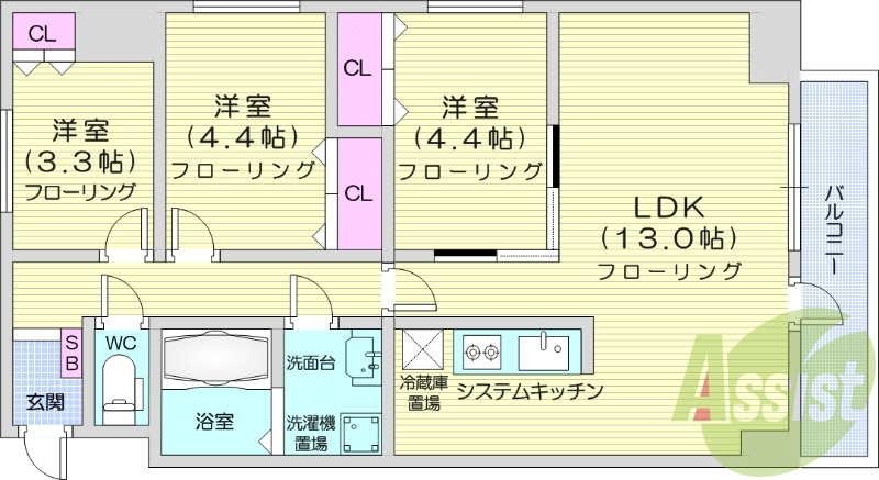 3LDK、インターネット無料、エアコン、シャワートイレ