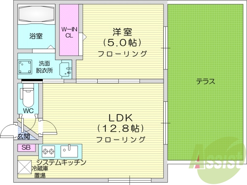 1LDK、都市ガス、システムキッチン、宅配ボックス