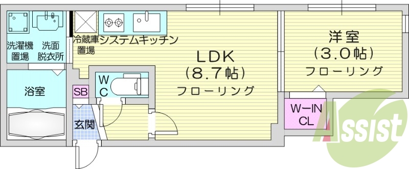 1LDK、システムキッチン、エアコン、オートロック、