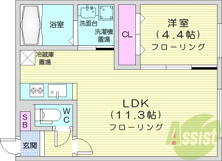 1LDK、エアコン、独立洗面台、システムキッチン
