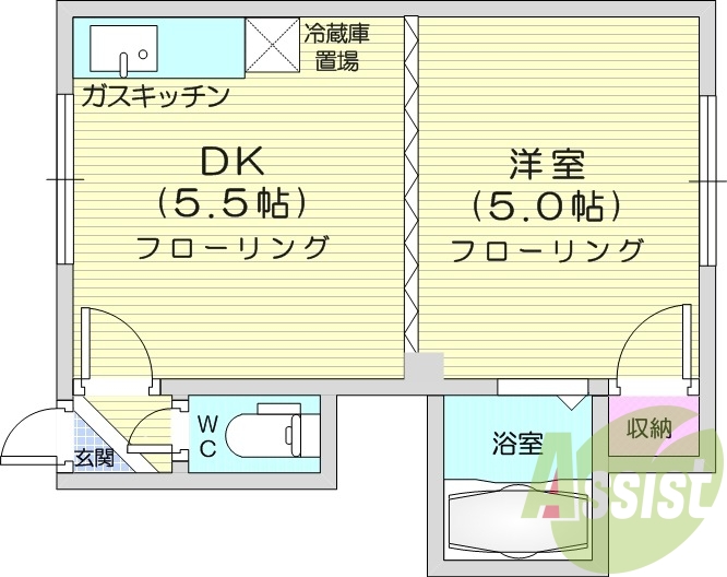 1DK、押入、バストイレ別、ガスキッチン、洗濯機置場