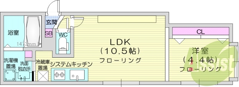 1LDK 、システムキッチン、クローゼット、都市ガス