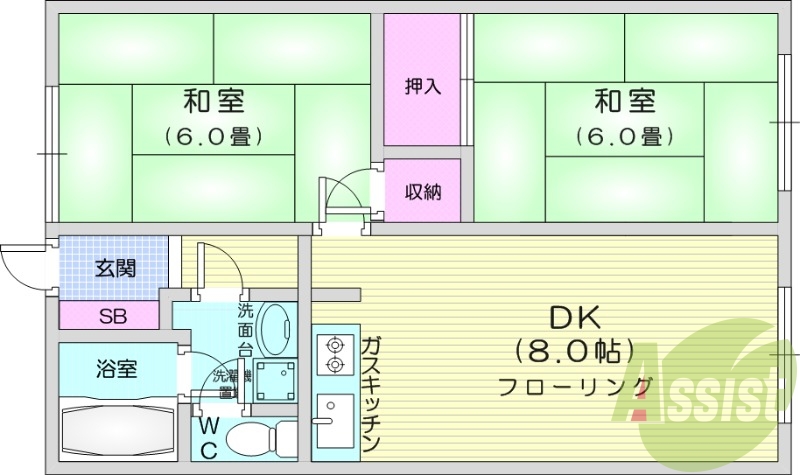 1DK、温水洗浄便座、バストイレ別、灯油暖房