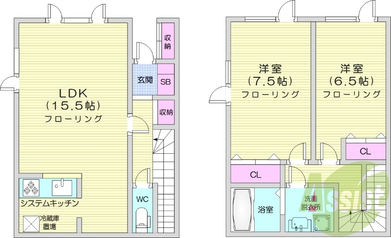 2LDK、1坪バス、メゾネット、追い炊き