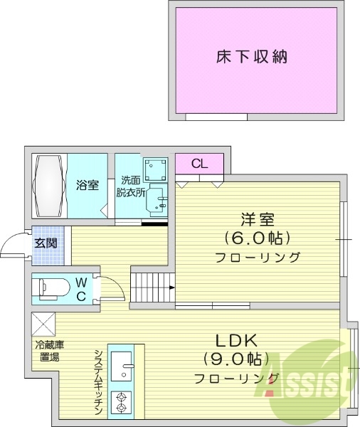 1LDK、床下収納、ペット相談可、エアコン