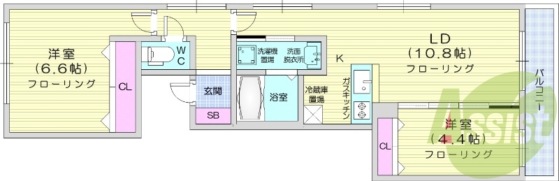 2LDK、都市ガス、エアコン、浴室乾燥機、システムキッチン