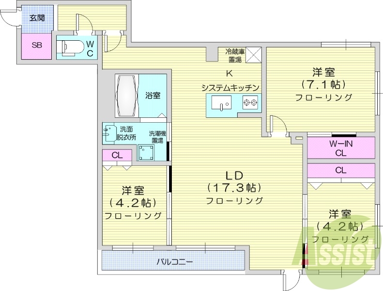 3LDK、都市ガス、エアコン、浴室乾燥機、システムキッチン