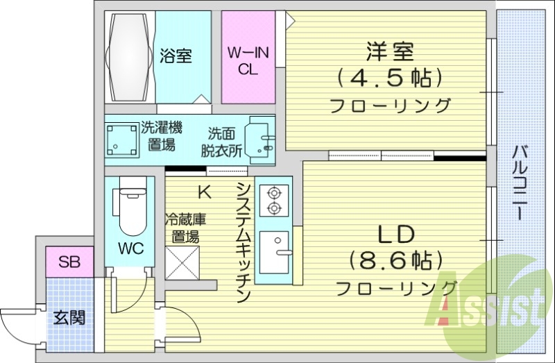 1LDK、都市ガス、エアコン、浴室乾燥機、システムキッチン