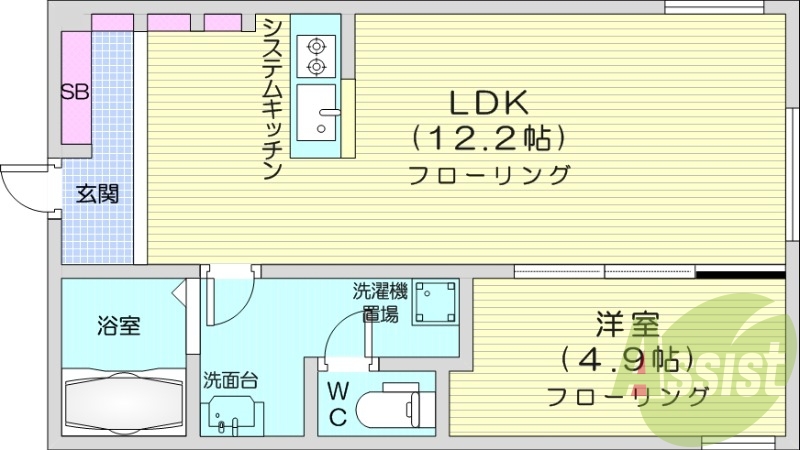 1LDK、エアコン、システムキッチン、浴室乾燥機、灯油暖房
