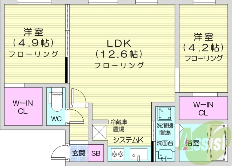 2LDK、追い焚き、エアコン、ウォークインクローゼット