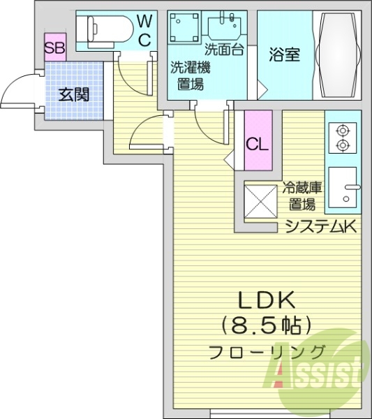 1R、エアコン、システムキッチン、浴室乾燥機、灯油暖房