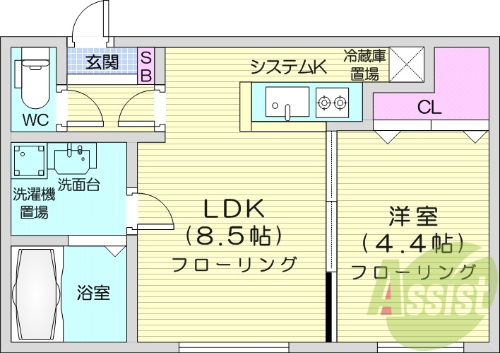 1LDK、エアコン、システムキッチン、灯油暖房、浴室乾燥機