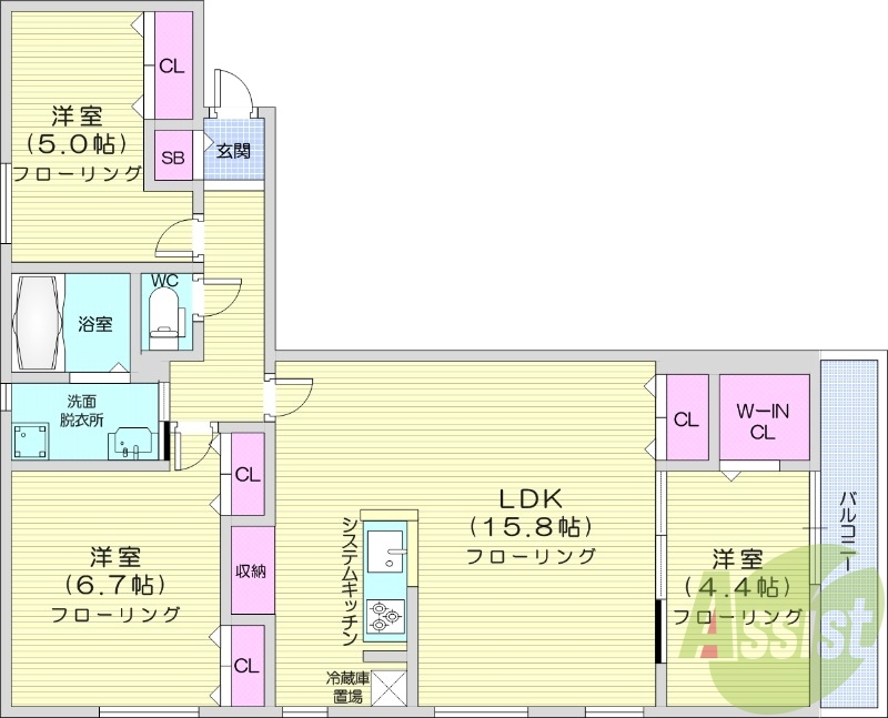 2LDK、都市ガス、エアコン、浴室乾燥機、システムキッチン