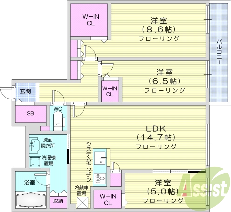 3LDK、都市ガス、エアコン、追い焚き、浴室乾燥機、