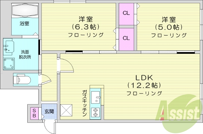 2LDK、エアコン、オートロック、エレベーター