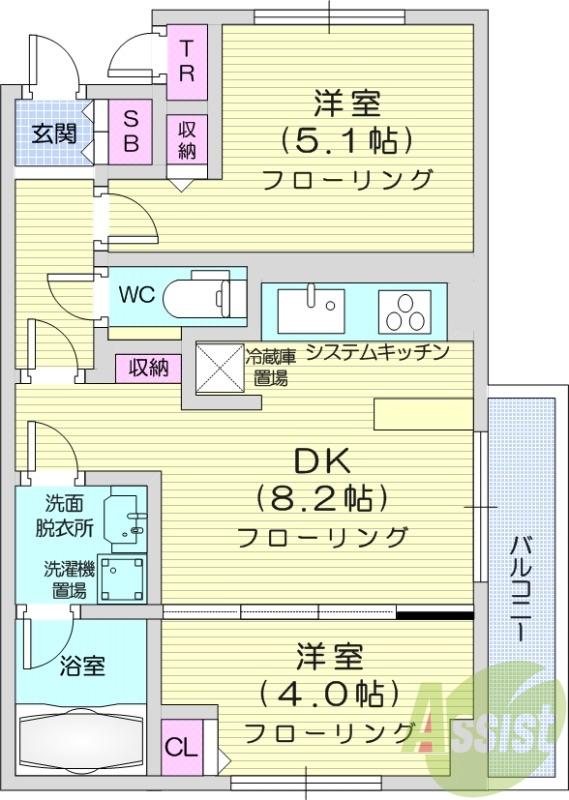 2DK、システムキッチン、エアコン、都市ガス