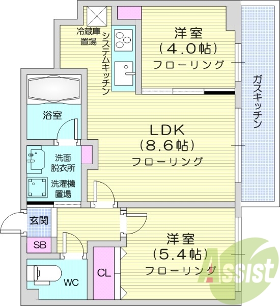 2DK、システムキッチン、エアコン、都市ガス