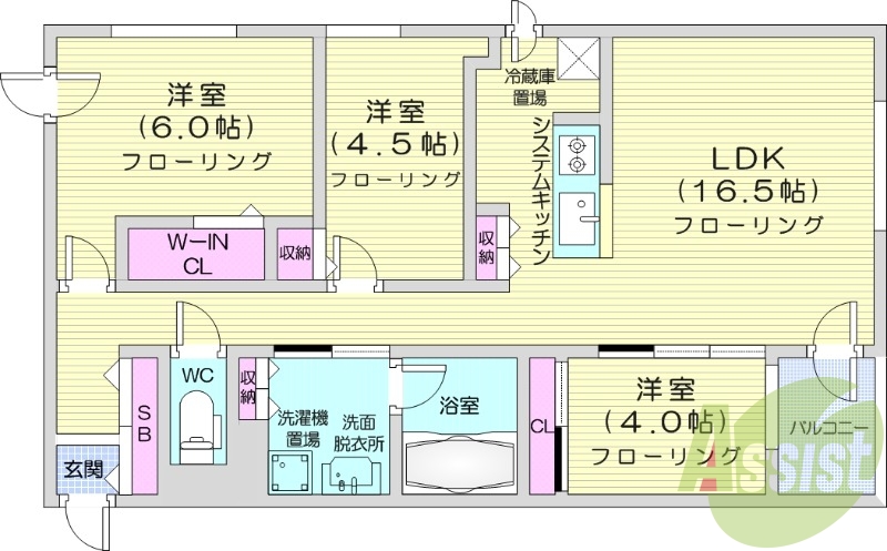 3LDK、都市ガス、追い焚き、エアコン、浴室乾燥機