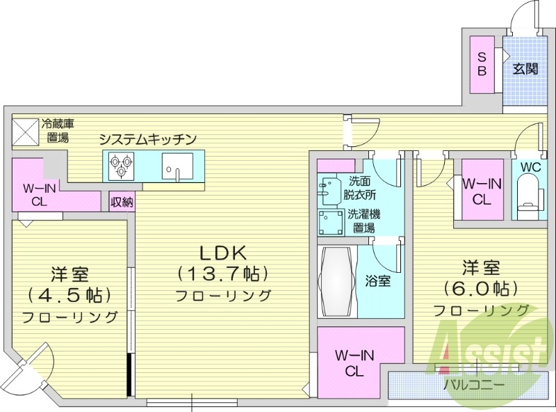 2LDK、都市ガス、追い焚き、浴室乾燥機、システムキッチン