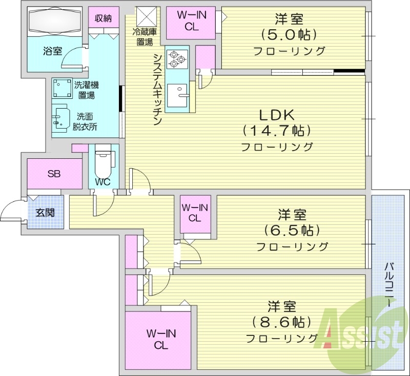 3LDK、都市ガス、エアコン、追い焚き、浴室乾燥機、