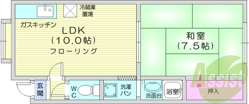 1LDK、灯油FF暖房、バストイレ別、収納
