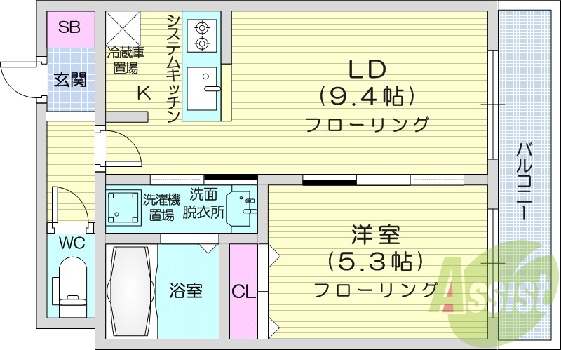 1LDK、エアコン、システムキッチン、独立洗面台