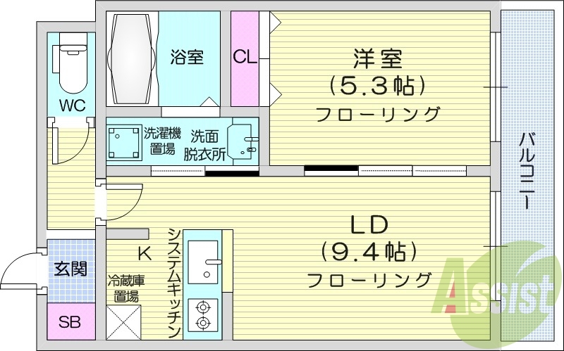1LDK、エアコン、システムキッチン、独立洗面台