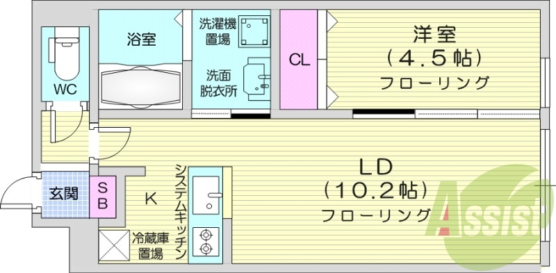1LDK、エアコン、システムキッチン、独立洗面台