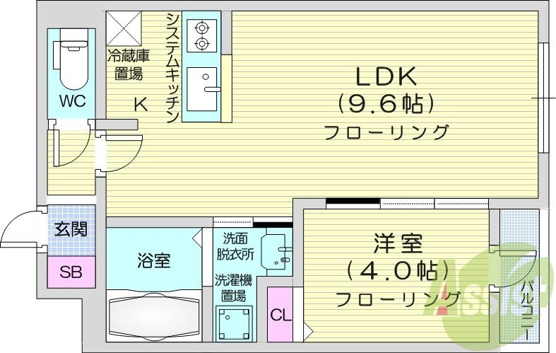 1LDK、エアコン、システムキッチン、独立洗面台