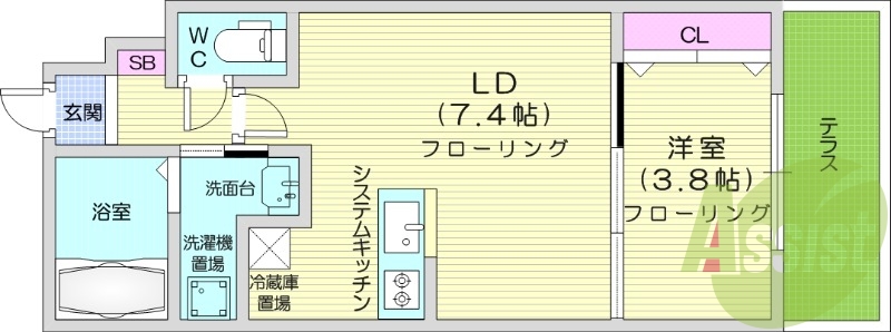 1LDK、エアコン、システムキッチン、独立洗面台