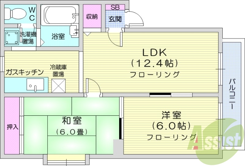 2LDK、都市ガス、バルコニー、浴室乾燥機