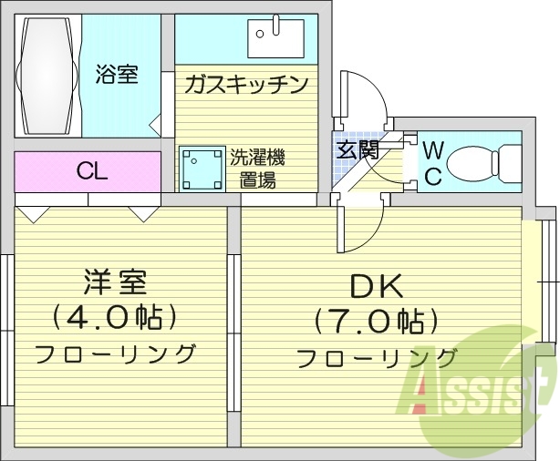 1DK、灯油暖房、バストイレ別、室内洗濯機置場