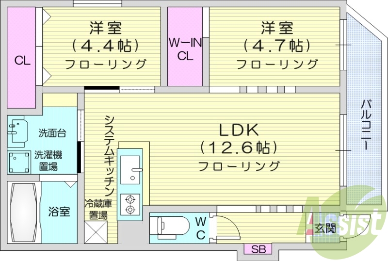 2LDK、エアコン、システムキッチン、追い焚き、独立洗面台