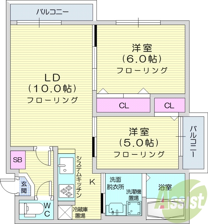 2LDK、オートロック、ネット無料、エアコン、ペット可