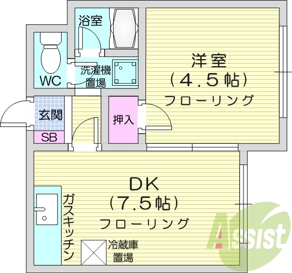 1DK、バストイレ別、最上階、クローゼット、給湯ガス