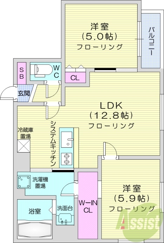 2LDK、エアコン、都市ガス、システムキッチン