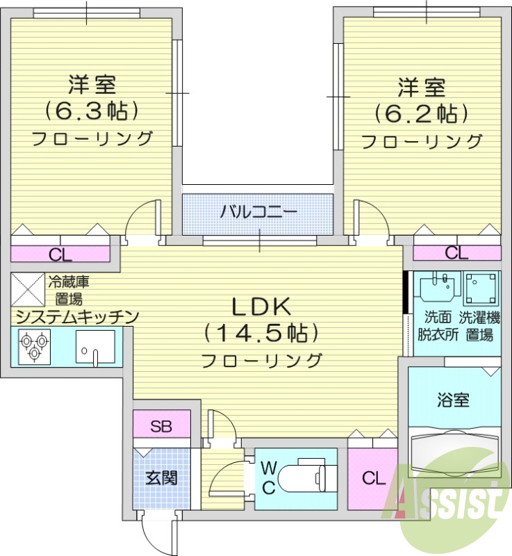 2LDK、都市ガス、エアコン、追い焚き、浴室乾燥機