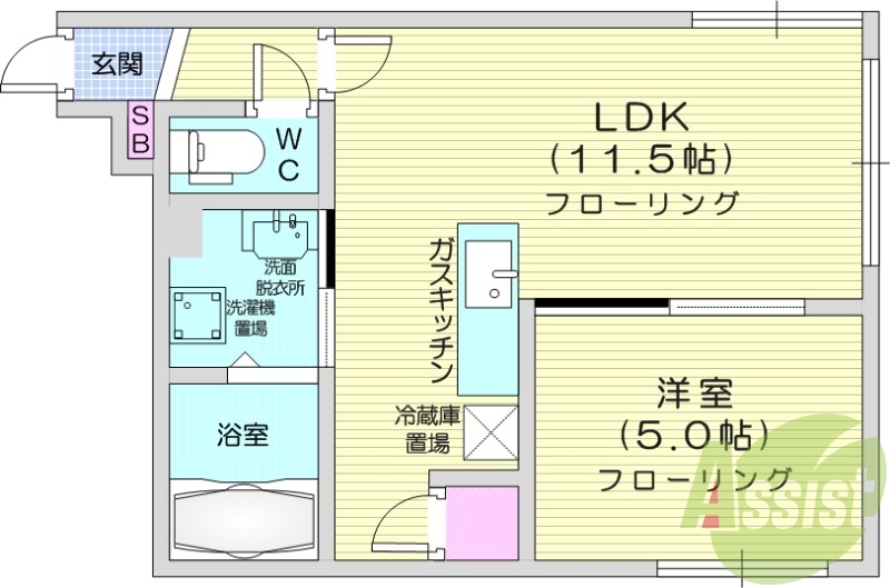 1LDK、都市ガス、追炊き、バストイレ別、