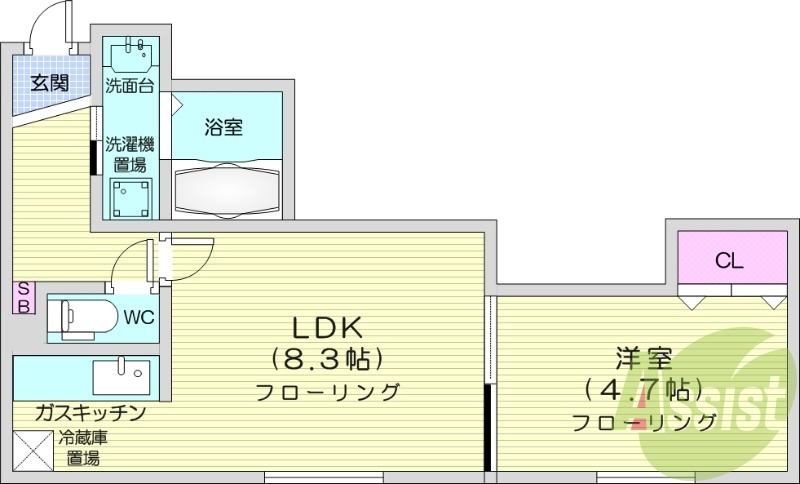 1LDK、灯油暖房、TVインターホン、バストイレ別